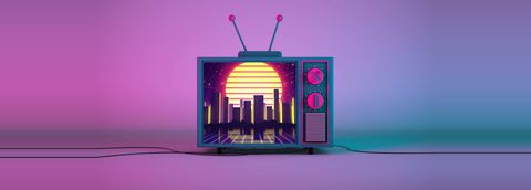 Retro television on a pink and blue backdrop, its screen showing a neon city at sunset