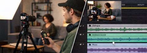 Content creator holding a handheld audio recorder beside a camera on a tripod, next to an editing timeline with dialogue, ambient sound and music tracks