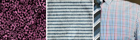 Examples of busy floral, striped, and checked clothing patterns that can distract or shimmer on camera during video filming