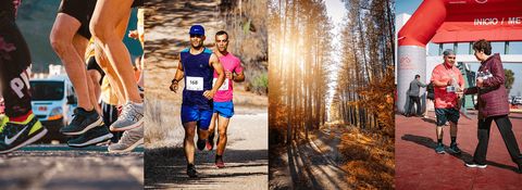Four cutaway shots from a running event, showing runners' feet, two runners mid-race, a sunlit forest trail and a finisher at the line