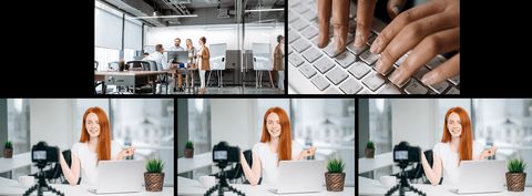A B-roll example showing office activity and hands typing above repeated talking-head interview frames, illustrating how relevant cutaways can hide trims and smooth interview edits.