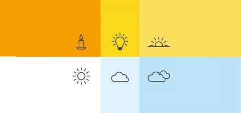 Infographic of colour temperature tones from warm orange to cool blue, with candle, bulb, sun and cloud icons