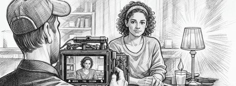 Pencil sketch of a camera operator framing a smiling woman seated at a table, shown on the monitor