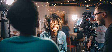 Laughing woman in glasses being interviewed on camera in a room lit with fairy lights