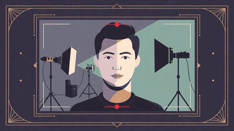 Illustration of a man framed in a camera viewfinder, lit by softbox and spotlight with a microphone nearby