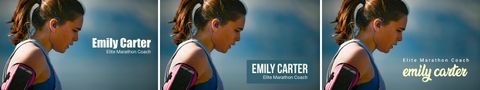 Three lower third examples on a female runner photo, with simple white text, a bold centred box, and a yellow script font. Shows style, font, colour, and placement variations.
