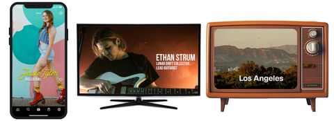 Demonstrating lower third styles across screen sizes. A smartphone in portrait mode shows a roller girl with yellow text, a modern TV in widescreen mode displays a guitarist with white text, and a vintage TV shows a Los Angeles landscape with white text.