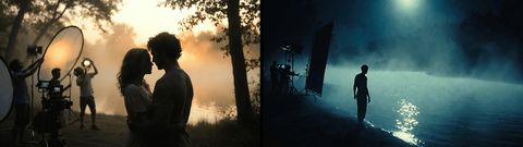 Side-by-side lakeside film scenes showing warm golden lighting for a reunion and cool blue lighting for isolation, illustrating how colour temperature changes mood in videography
