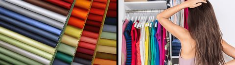 Fabric colour swatches beside a woman looking at a wardrobe of brightly coloured clothes