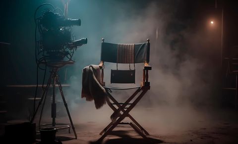 Empty director's chair with a blanket draped over it beside a film camera on a smoky set