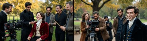 Behind-the-scenes moments on a Regency-era film set, with actors in period costume laughing with crew beside cinema cameras in an autumn park