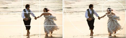 Side-by-side beach image of a couple running, with a rule of thirds grid overlay on the left and a golden ratio spiral overlay on the right