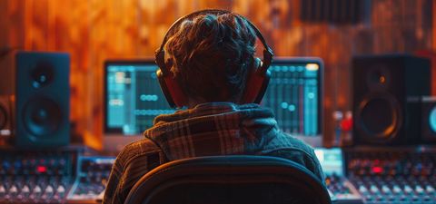 Person in headphones seen from behind at a studio mixing desk with monitor speakers and screens