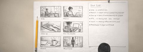 Sketch storyboard and shot list showing wide, medium, close-up, over-the-shoulder, insert, and exit shots for a short filmed scene
