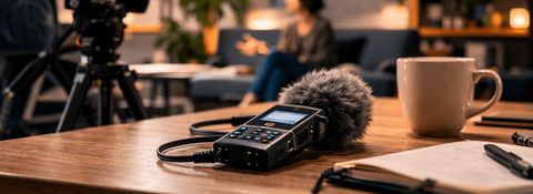 Portable audio recorder with furry windscreen on a table during a video shoot, with camera and speaker blurred in the background