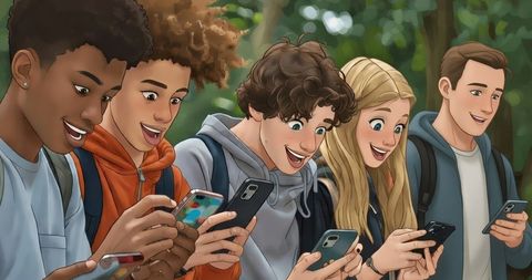 Illustration of five young people smiling and scrolling on their smartphones outdoors