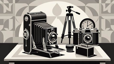 Illustration of vintage cameras, a tripod, a lens and a clock arranged on a table