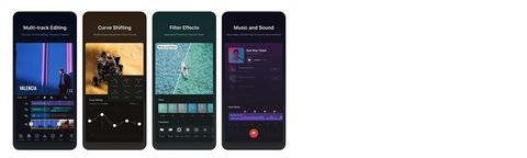 Four VN Video Editor app screens highlighting multi-track editing, curve shifting, filter effects, and music and sound